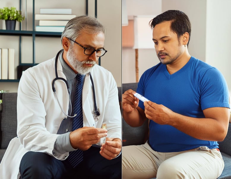 A split-screen image- On the left side, show a medical professional in a clinical office set